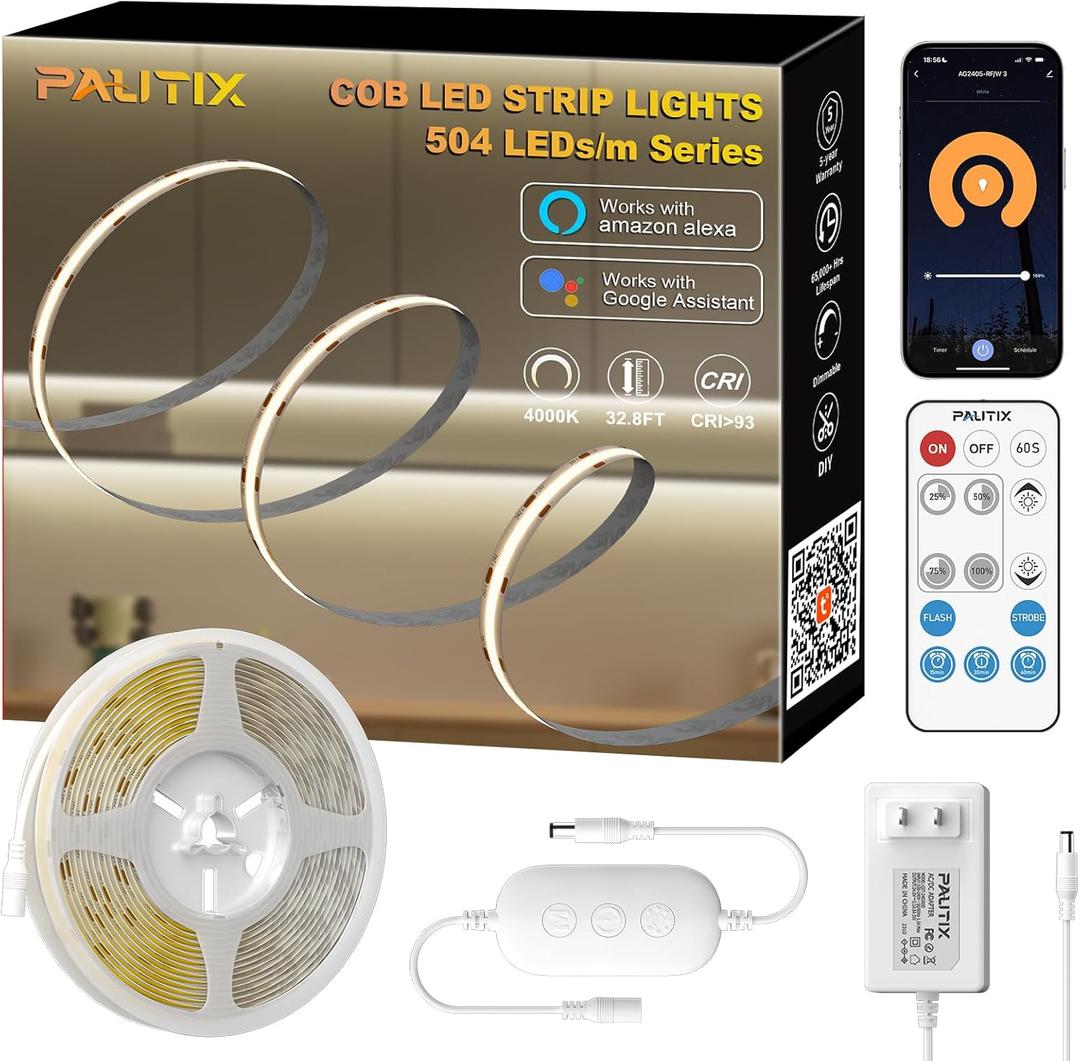 PAUTIX COB LED Strip Light 4000K,32.8ft/10m Dimmable DC24V Natural White LED Strip Lights,CRI93+ Super Bright High Lumen Tape Lights Kit,Work with Alexa/Google Assistant for Home&Office DIY Lighting