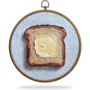 Homemade Bread Butter Round Frames for Art, Butter Toast Breakfast Still Life Boho Wall Hanging, Waterproof Western Rustic Country Decorations with Hook, for Home Bathroom Living Room Bedroom, 15