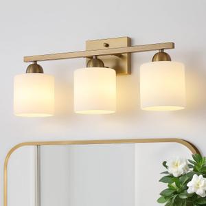 Mecgirn Milk Glass Vanity Lights for Bathroom, 3 Light Brass Bathroom Light Fixtures Over Mirror, Ceramic E26 Sockets Wall Mounted