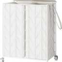 WOWLIVE Laundry Basket with Wheels, Heavy Duty Laundry Hamper with Wood Lid, Clothes Hamper with Divided Removable Liner Bag, Large Capacity Iron-Made Laundry Sorter Laundry Room Organization (White)