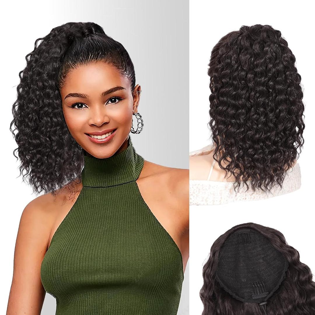 QGZ Drawstring Ponytail Extension 14 Inch Synthetic Wavy Curly Hair for Black Women Fluffy Ponytail Hair Extensions for Daily Use (Black Brown)