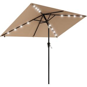AreShark 6.5' x 10' Rectangular Patio Umbrella with Solar Lights, Solar Powered Lighted Market Umbrella w/Tilt and Crank, Outdoor Table Umbrella for Garden, Deck, Backyard, Pool and Beach, Beige