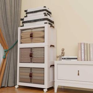 Luxdecor Storage Bins With Lids-Stackable Plastic Storage Bins on Wheels, Closet Organizers and Storage Cabinet with Doors,4 Tier White