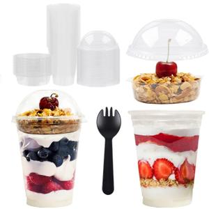 Parfait Cups - 9 Oz - 50 Set - Reusable Dessert Cups With Dome Lids & Inserts - Crystal Clear Plastic - Spill and Leak Proof