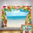 7x5ft Summer Hawaiian Beach Backdrop Tropical Flower Palm Leaves Surfboard Photography Background Hawaiian Party Decorations Banner Aloha Luau Theme Party Supplies Photo Shoot