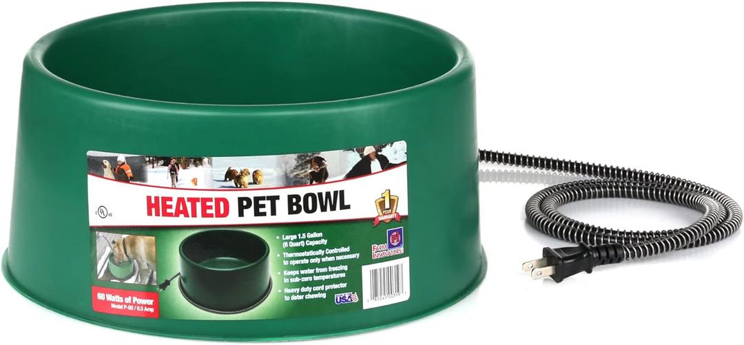 Farm Innovators Heated Pet Water Bowl, 60W Heated Water Dish - 1.5 Gallon Plastic Watering Station with Anti-Chew Cord Protector for Dogs & Cats
