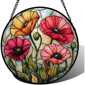 Poppy Flower Stained Glass Window Hanging Suncatcher Gifts for Women 15"