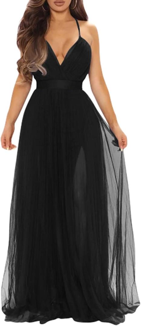 XXTAXN Women's Sexy Deep V Neck Split Cocktail Party Formal Bridesmaid Maxi Dress (Large, Black)