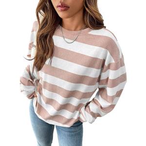Women's Lightweight Striped Sweater Tops Long Sleeve Crewneck Dressy Casual Pullover Knit Shirt Jumpers, Medium