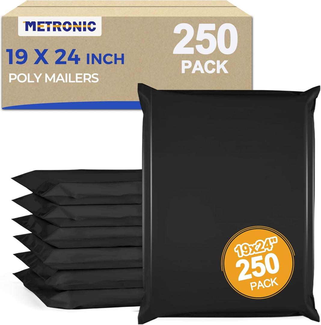 Metronic Poly Mailers 19x24 250Pcs Large Shipping Bags for Clothes,Heavy Duty Shipping Envelopes Bulk for Small Business,Strong Adhesive Self-Seal Plastic Mailing Bags for E-Commerce Packaging, Black