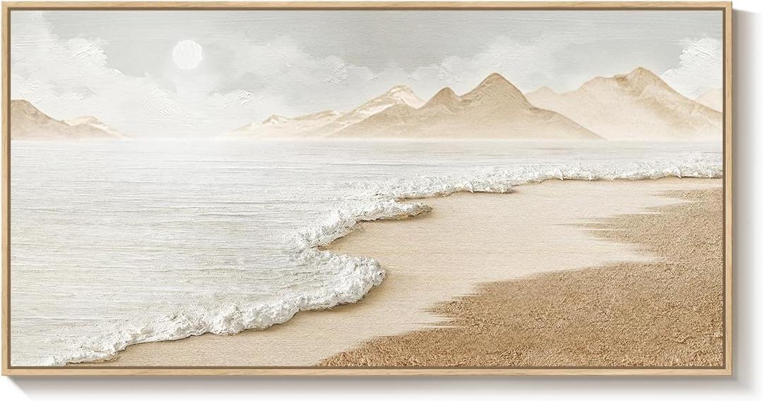 Large Framed Coastal Boho Ocean Beach Wall Art for Living Room, 20x40 Inch
Horizontal, Neutral, Canvas print, Seascape, Moody, Natural, Bedroom wall decor, Kitchen artwork, Ready to hang, Wood frame