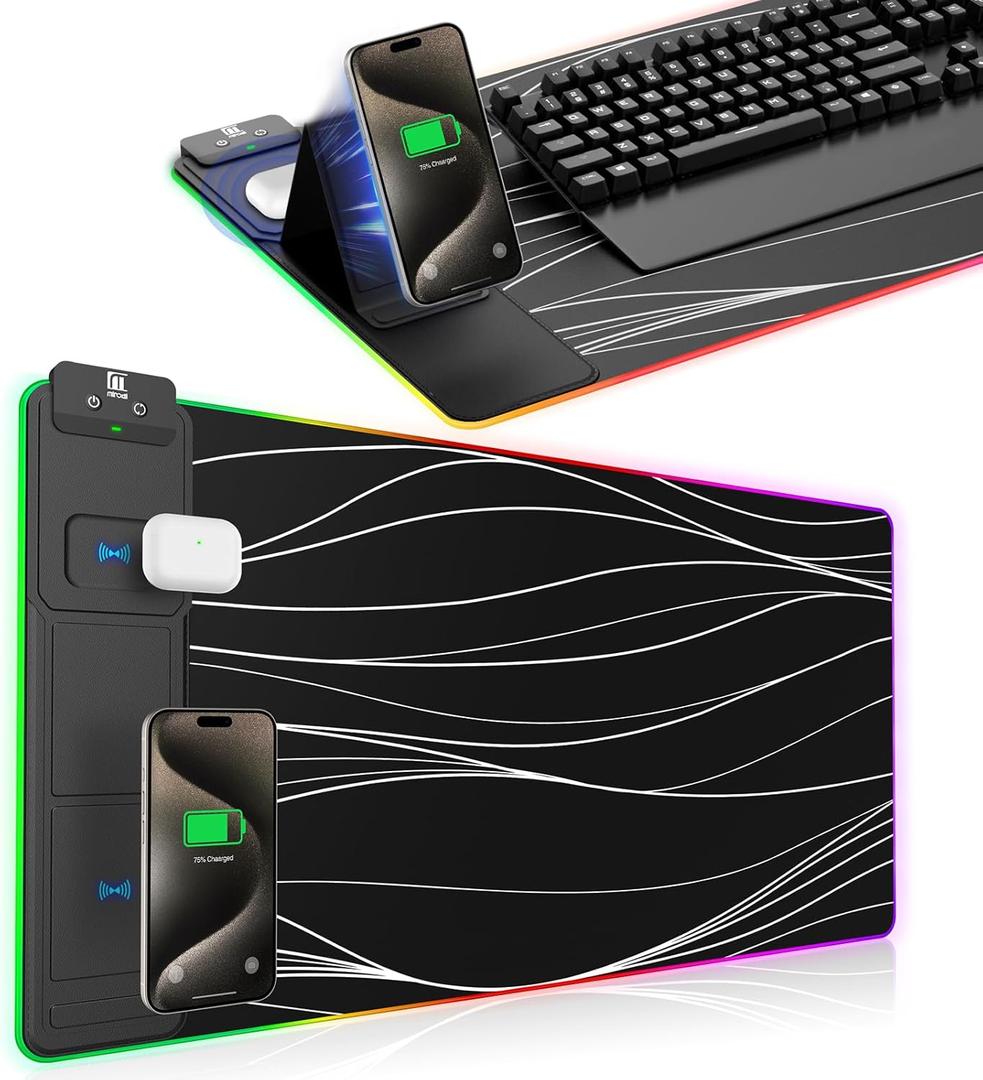 XXL Mouse Pad with Foldable Phone Holder - Black, RGB Desk Mat with 15W Fast Charging, LED Gaming Mousepad with 11 Light Colors, Waterproof Non-Slip Pad (Stand XXL RGB Wavy)