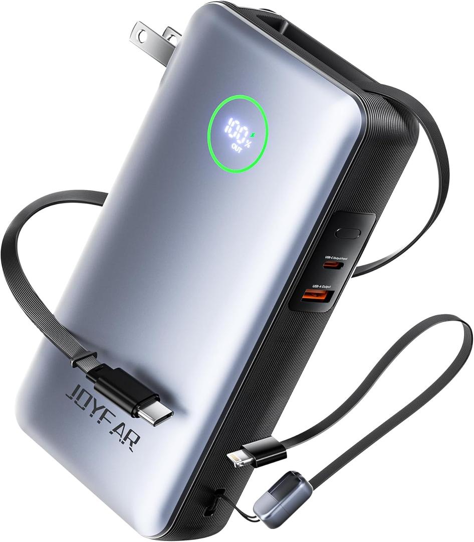 Portable Charger Power Bank - Travel Essentials Laptop Battery Pack 65W AC Plug GaN 25000mAh Built in Cable USB C Phone Fast Charging Compatible with iPhone 16 15 14 13 12 iPad MacBook Samsung