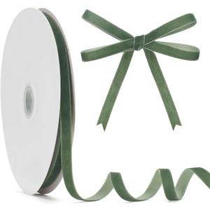 GHGMAO Sage Green Velvet Ribbon, Vintage Green Velvet Ribbon 3/8 Inch x 25 Yards, Thin Christmas Ribbons for Gift Wrapping, Christmas Tree Ornaments, Flower Bouquet, Wreath Decorations, Bow Making
