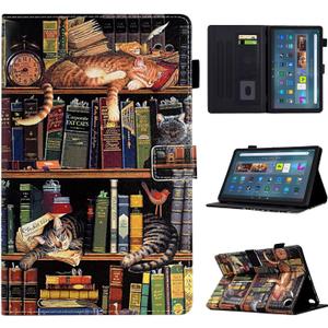 Cute Case for Kindle Fire Max 11(13th Generation, 2023 Release), Durability PU Leather Slim Folio Folding Stand Cover Case for Fire 11 Tablet with Pocket & Auto Wake/Sleep, Bookshelf Cat