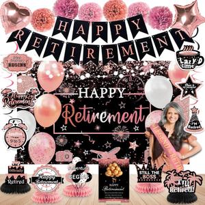 Retirement Party Decorations Women Rose Gold Happy Retire Decorations Happy Retired Banner Backdrop Honeycomb Centerpiece Sash Greeting Card Hanging Swirls Retirements Party Supplies