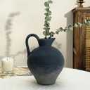 Rustic Home Decor Ceramic Rustic Vase with Handle, 8.86 Inch Textured Black Pottery Vase, Handmade Vintage Farmhouse Flower Vases for Living Room, Farmhouse Centerpiece, Wedding