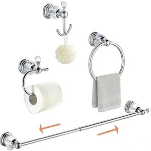 Crystal Bathroom Accessories,Chrome Towel Bar Set Adjustable,Polished Silver Toilet Paper Holder Towel Ring Coat Hooks Bathroom Hardware 4 Pieces Wall Mounted