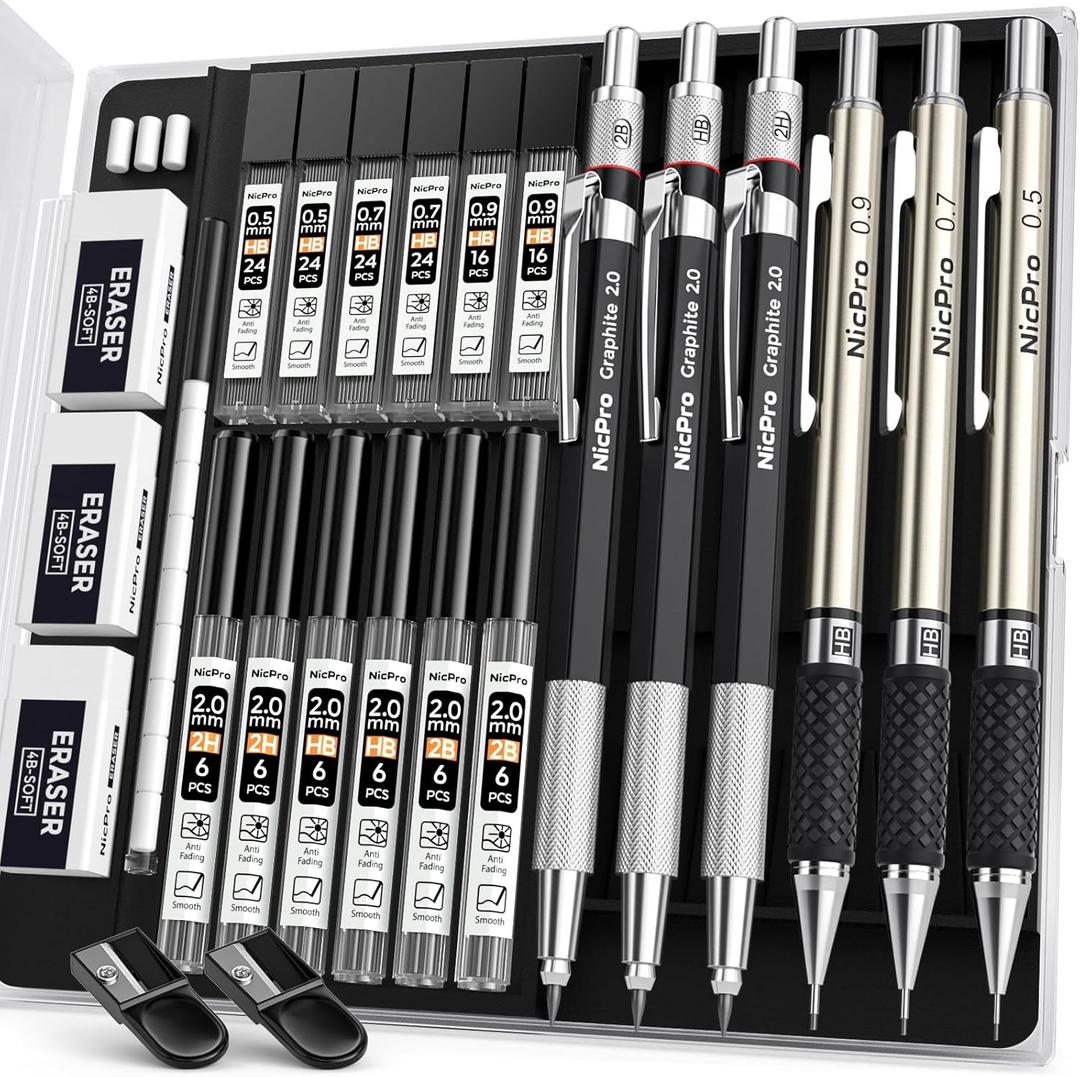 Nicpro 6PCS Art Mechanical Pencil Set, 3PCS Metal Drafting Pencil 0.5 mm & 0.7 mm & 0.9 mm & 3PCS 2mm Graphite Lead Holder (2B HB 2H) For Writing, Sketching Drawing With Lead Refills Case (Silver)