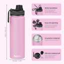 SASEUM Sport Water Bottle 22oz Stainless Steel Double Wall Vacuum Thermal Mug with Leak Proof Spout Lids, Wide Mouth Metal Insulated Water Jug for Gym and Travel（Pink）