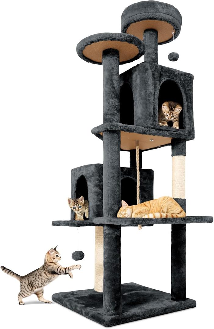 58.5inch Large Cat Tree Tower Condo for Indoor Cats, Soft Plush Multi-Level Climbing Tree Cat House with 1 360 Rotating Cat Cave, Scratching Post, More Entrance/Exit, Sisal Rope, Grey Black