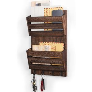 MOOACE Mail Organizer Wall Mount with Key Hooks, 2-Slot Wood Mail and Key Holder for Wall Organizers, File Letter Folder Home Office Accessories Organizer Farmhouse Decor (Rustic Brown)