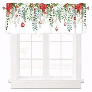 AYTTBIS Christmas Green Leaves Curtain Valance for Windows Poinsettia Flower Balls Rod Pocket Window Treatments 1 Panel Short Curtains for Kitchen Windows Bathroom Bedroom, 54 x 18 Inch