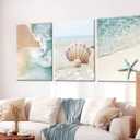 3pcs Beach Coast Canvas Wall Art Summer Beach Ocean Waves Shells Starfish Print Decoration Painting Blue Ocean Posters Prints for Living Room Bedroom Kitchen Sea View Room Wall Decor 16×24Inch, 16×24Inch Framed