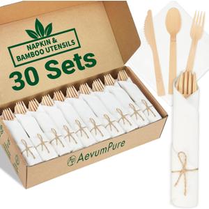 Pre Rolled Napkin and Bamboo Cutlery Set - 30 Sets (120 PCS)Disposable Wrapped Bamboo Utensils (30Compostable Napkins,30Forks,30Spoons,30Knives)-Wooden Silverware/Wrapped Plastic Tableware Alternative