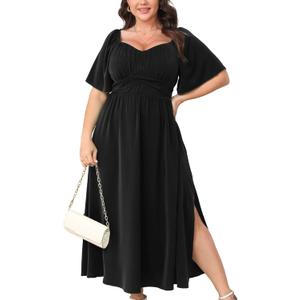 Plus Size Dress Wedding Guest Semi Formal Ruffle Short Sleeve Sweetheart Neckline Slit A Line Flowy Maxi Dresses (Black)