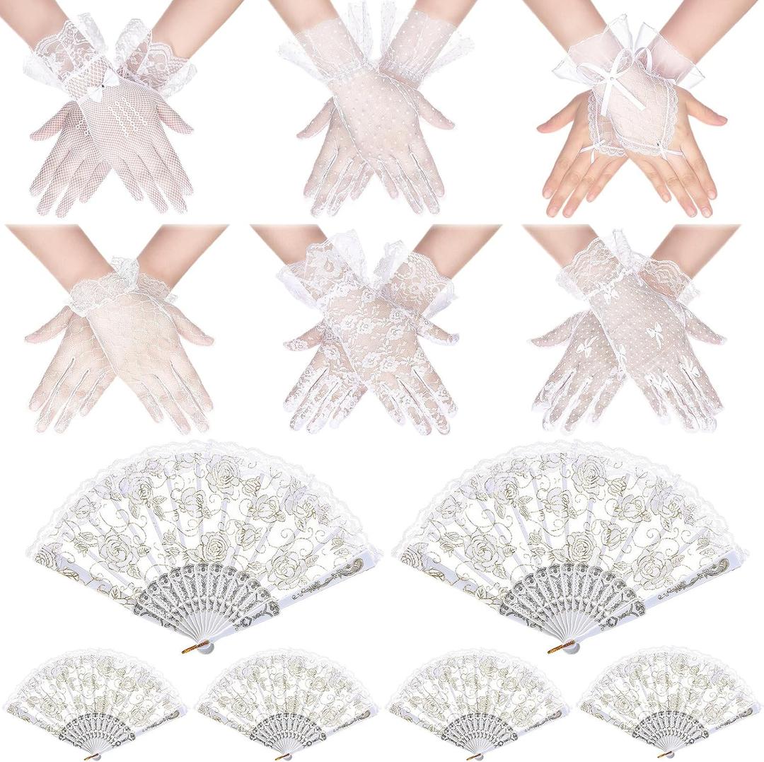 Shyyween 6 Pairs Tea Party Lace Gloves with 6 Pcs Rose Hand Fans for Women Elegant White Lace Gloves for Vintage Ladies Tea Party Wedding Accessories