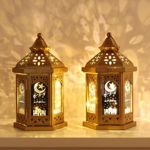Ramadan Decorations for Home, 14'' Decorative Candle Lantern for Tabletop Mantel Decor, Vintage Metal Lantern Candle Holders for Indoor Outdoor Decor, EID Mubarak Gift (2 Pack, Gold)