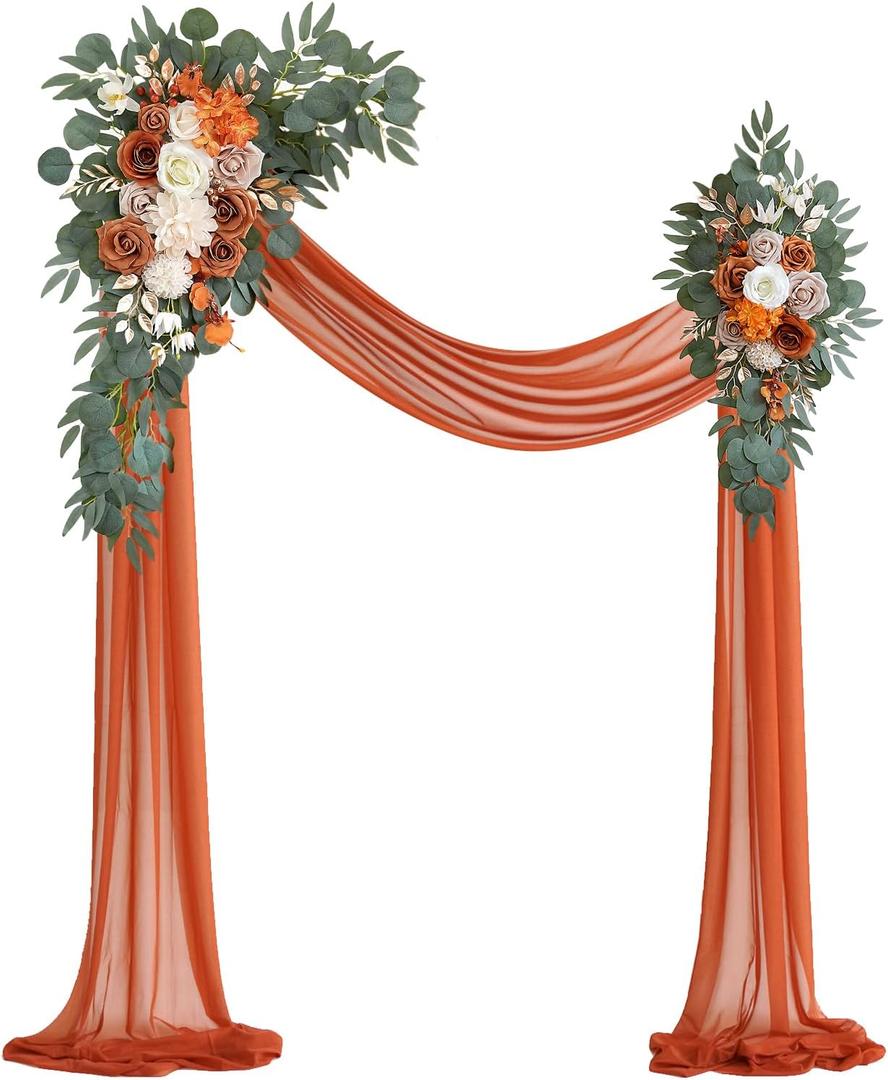 Olalaka Burnt Orange Artificial Wedding Arch Flowers Kit (Pack of 3) with 26Ft Terracotta Shiny Arch Draping Fabric for DIY Wedding Party Ceremony Reception Backdrop Floral Decoration