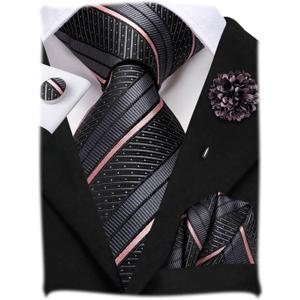 Hi-Tie Men Silk Ties Set with Flower Lapel Pin Necktie Pocket Square Cufflinks for Tuxedo Wedding Business (Black)