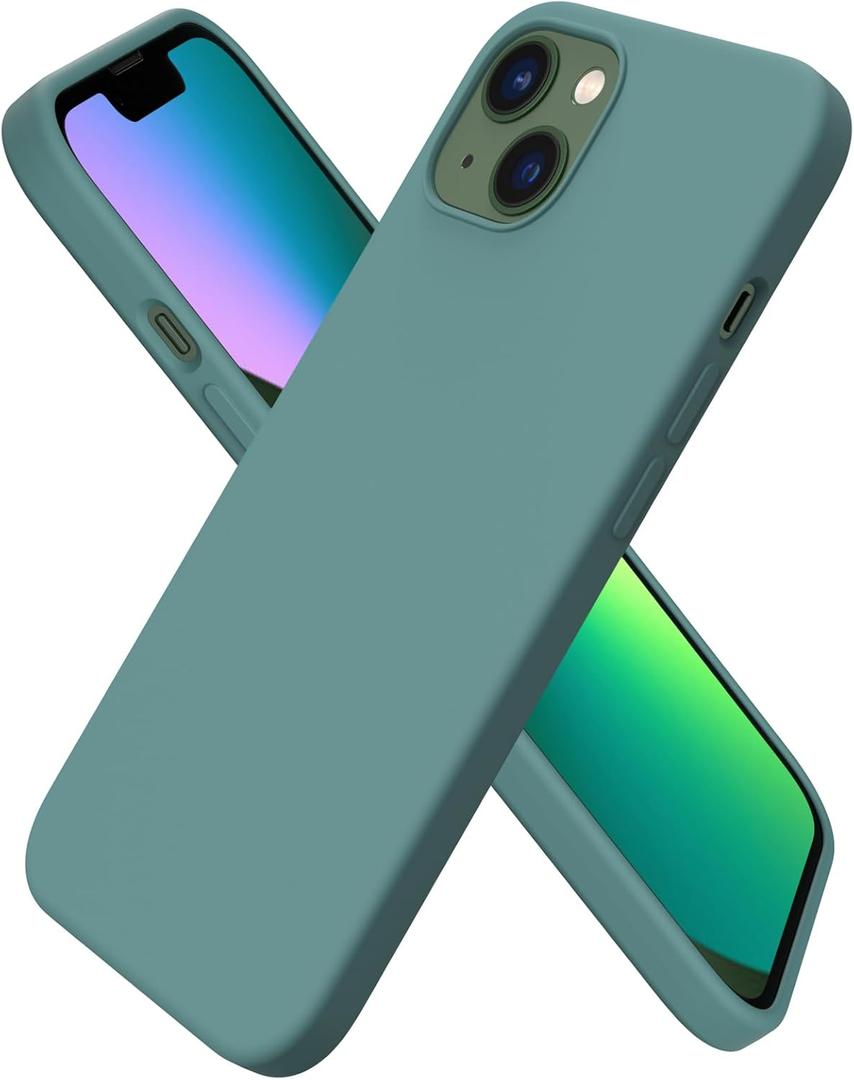 ORNARTO Compatible with iPhone 13 Case 6.1, Slim Liquid Silicone 3 Layers Full Covered Soft Gel Rubber Phone Case Protective Cover 6.1 Inch-Pine Green