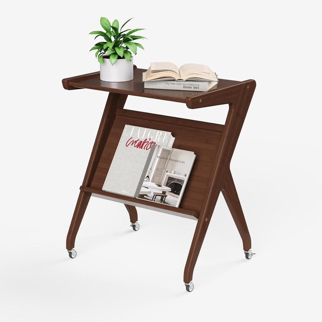Auroral Zone Solid Bamboo Wood End Table, Small Rolling Side Table Beside Couch, Night Stand for Sofa, Coffee, Bedroom, Living Room (ZY Shape, Walnut)