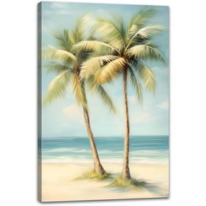 Tropical Beach Canvas Wall Art Palm Tree Pictures Wall Decor Ocean Landscape Painting Prints for Living Room Bedroom Bathroom Decor Framed(Tree-2,16L x 24W)
