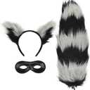 Halloween Costume Raccoon Set, Black and White Furry Ears Headband, Tail with Eye Mask, 3-Piece Dress Up Accessories