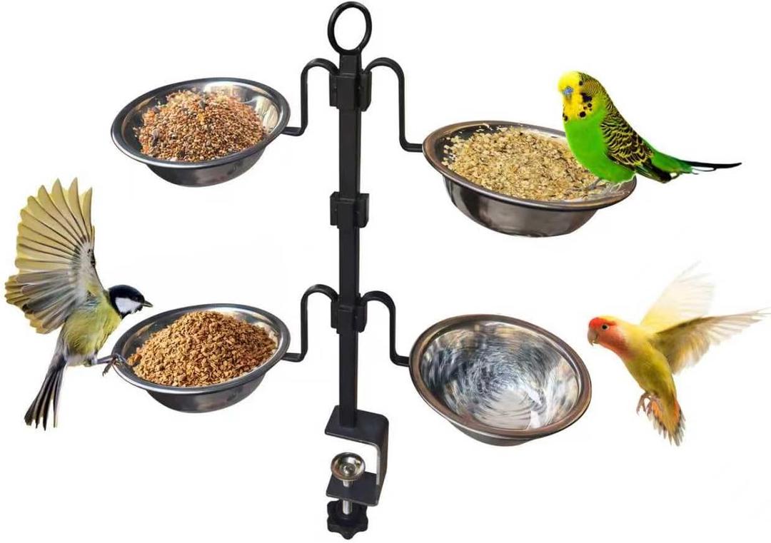 Deck Bird Feeder, 3-Tier Adjustable Railing Clamp-On Feeder with Four Stainless Steel Bowls for Balcony Patio Outdoor Use