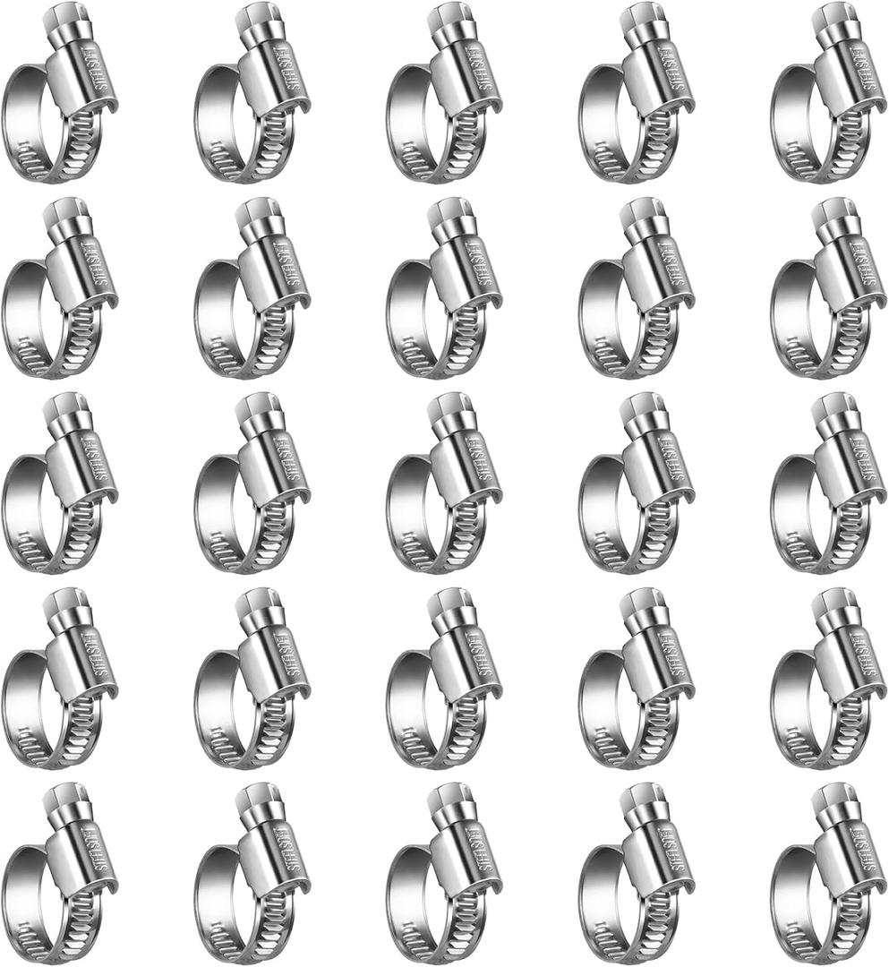 Heavy Duty Hose Clamp Size#6, 1/2 to 3/4 inch Adjustable Worm Gear Drive Hose Clamps Stainless Steel 304 for Fuel Injection Line, Automotive, Radiator, Garden,25 Pack
