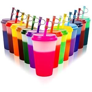 Patinao 14 Pack Color Changing Cups Tumblers With Lids & Straws - 12oz Reusable Plastic Drinking Cups Bulk Party Sippy Cups Cold Water Cup Set (with Silicone Straw Cover)