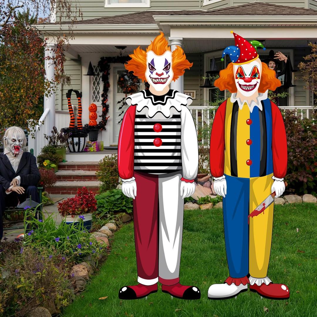2 Pcs Large Halloween Creepy Clown Carnival Yard Sign Scary Clown Decorations Halloween Circus Decor Signs for Outdoor Lawn Yard Patio House Decorations, 13 x 39.4 Inch