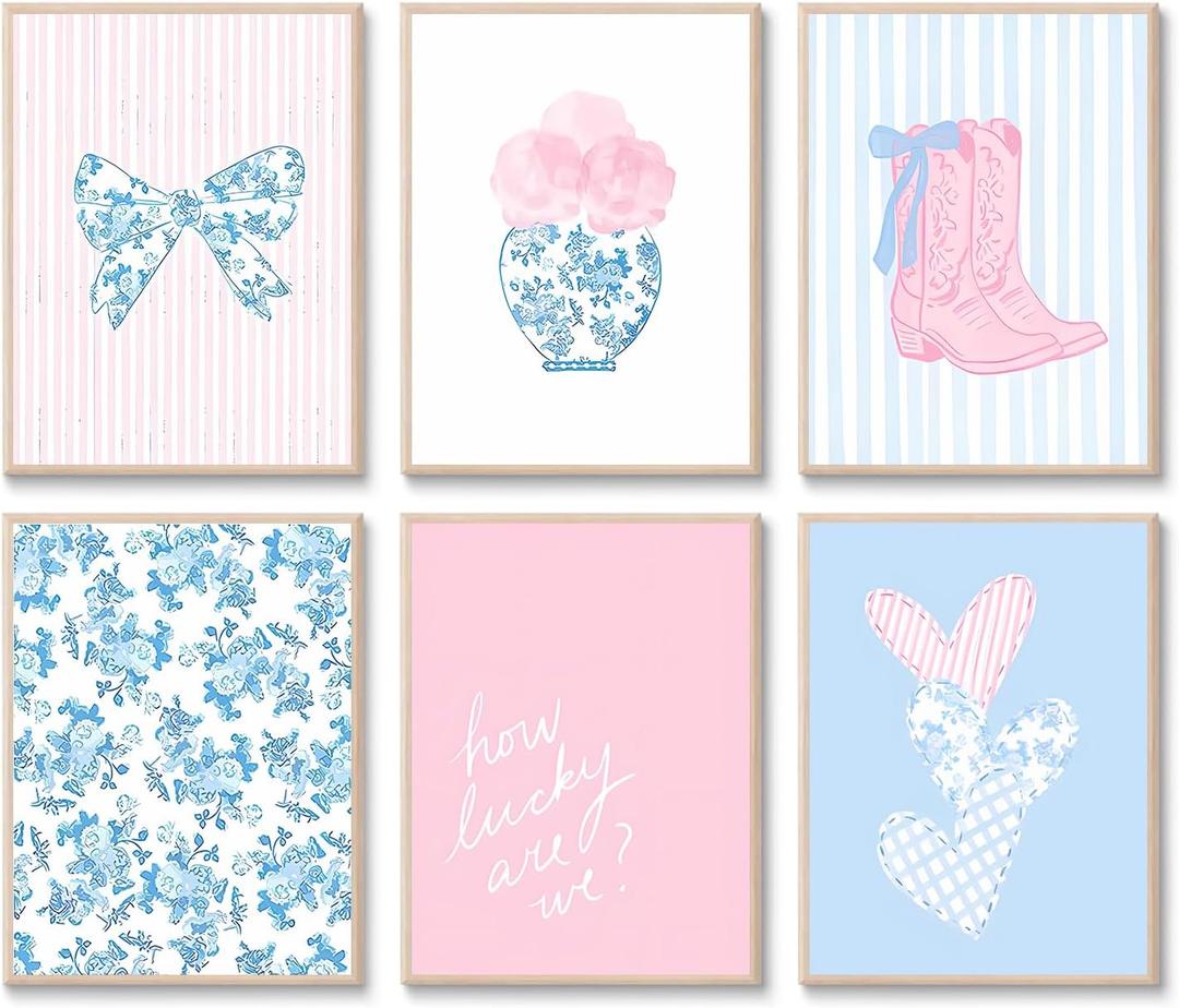 6 Pcs Blue and Pink Floral Bow Wall Art Trendy Chinoiserie Watercolor Heart Canvas Prints Posters Cowgirl Boots Aesthetic Wall Decor for Girly Room Coastal Dorm Home Decor Unframed 8x10in
