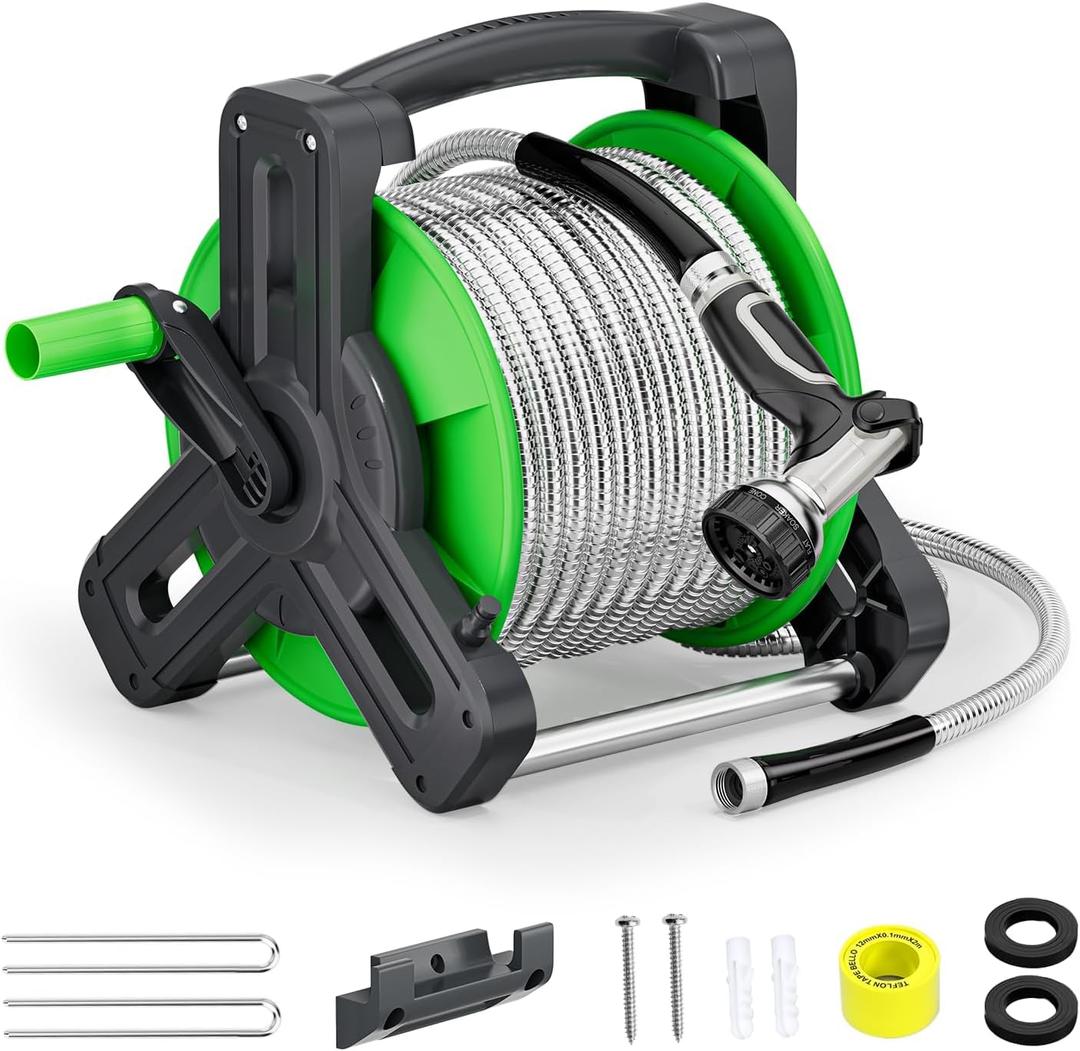 Portable Garden Hose Reel with 74ft Heavy Duty 304 Stainless Steel Water Pipe, Wall Mount Lightweight Winder Combo with Nozzle for Outside, Yard, Patio