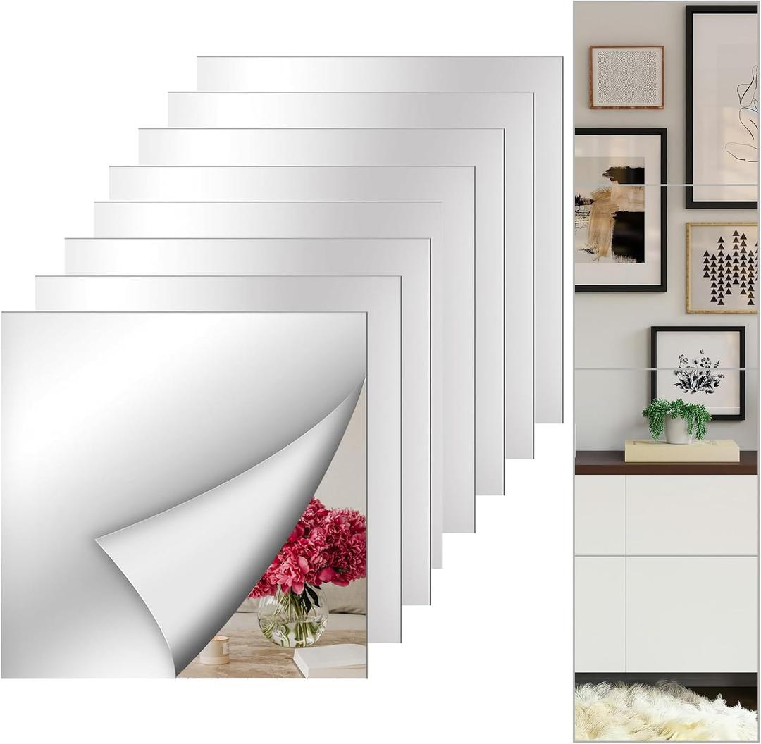 8 Pack Acrylic Mirror Stickers Full Length 12 x 12 Inch Self-Adhesive Flexible Plastic Mirror Sheets for Walls Bedroom Living Home Decoration