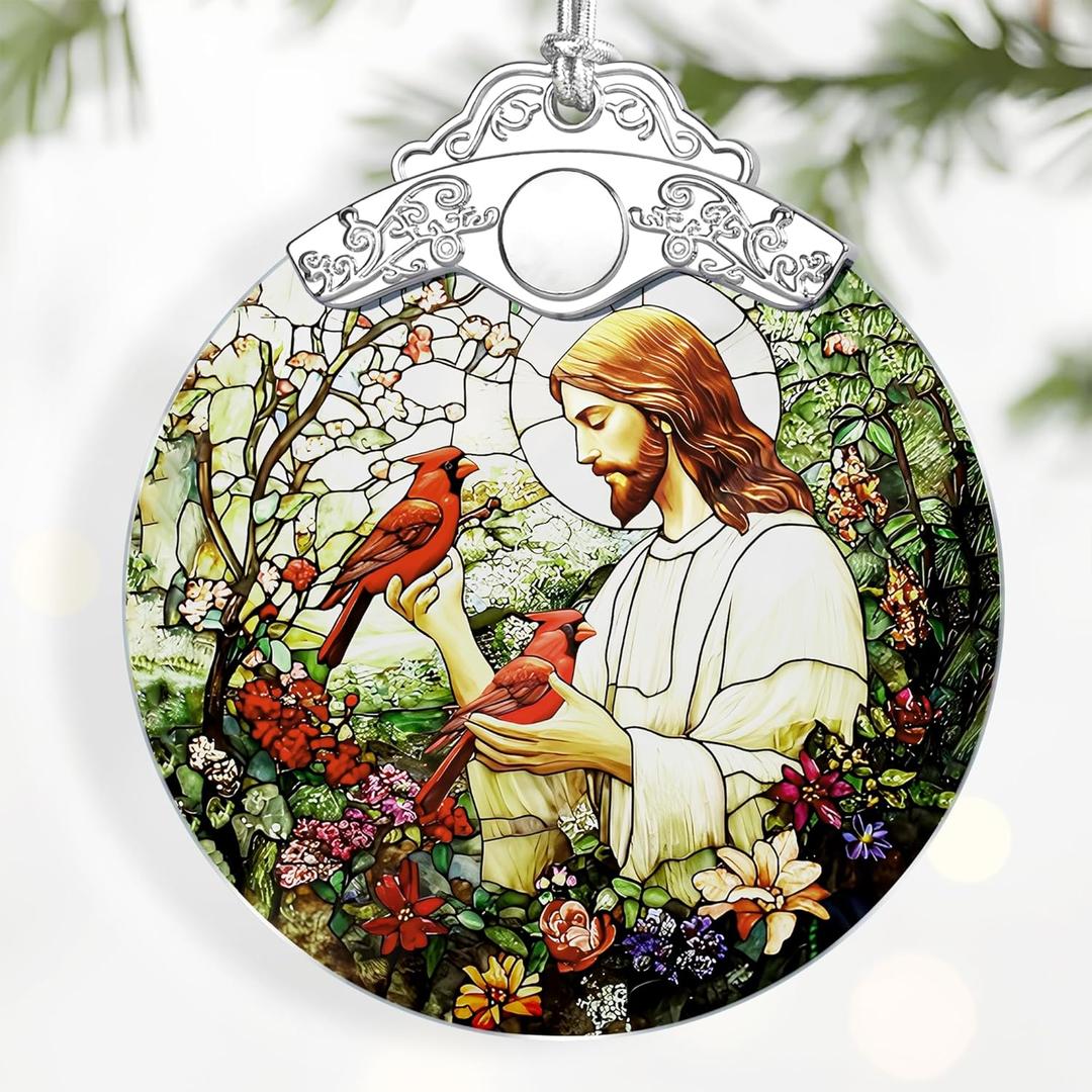 Jesus with Cardinals Ornament  Christmas Ornament & Religious Christmas Decor; Jesus Christ Decoration (Holiday Present, Bauble Present, Memorial Gifts, Gift Idea, Gift Exchange) | Heirloom Keepsake