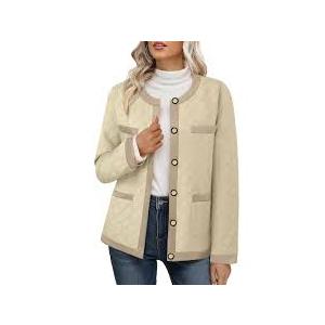 Bebonnie Women's Diamond Quilted Jacket Crew Neck Lightweight Long Sleeve Button Down Winter Coats with Pockets Size Large