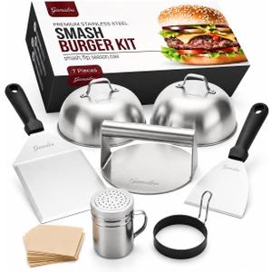 Gamalou 7 Pcs Smash Burger Press Kit: Stainless Steel Burger Smasher, 6x5" Spatula, 4" Scraper, 2 Melting Domes, Seasoning Shaker, Egg Ring, Griddle Accessories for Blackstone, Grill, Frying Pan