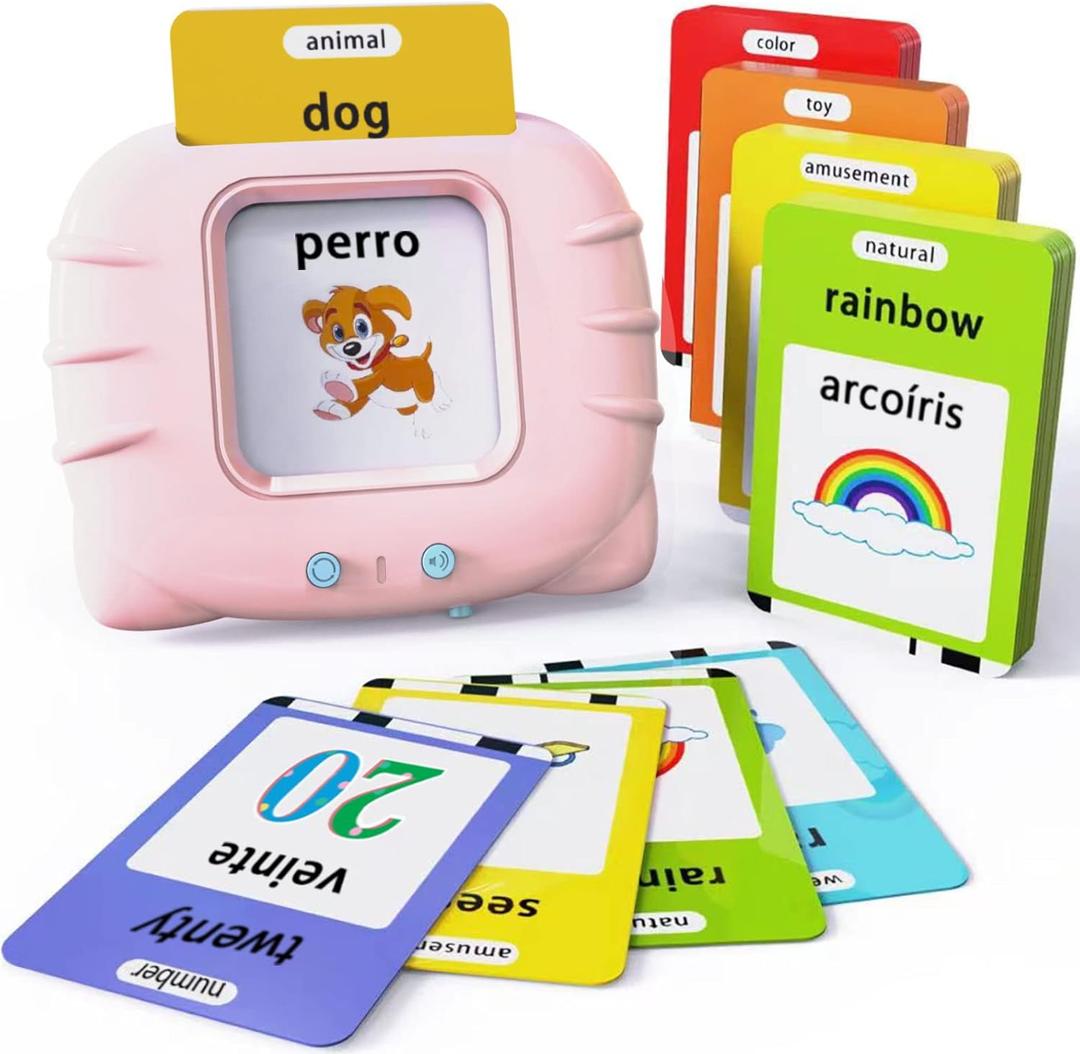 Lapare Spanish and English Bilingual Audible Flash Cards Toy with Music for Toddlers 1 2 3 4 5, Learn Spanish and English for Kids, Nias, Nios, Bebes (Pink)