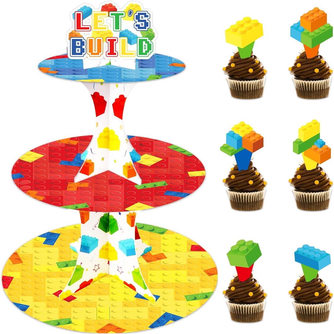 Building Block Cupcake Stand with 24pcs Cupcake Toppers for Blocks Birthday Party Decorations 3 Tire Brick Themed Cupcake Dessert Holder for Building Blocks Baby Shower Party Decor Supplies